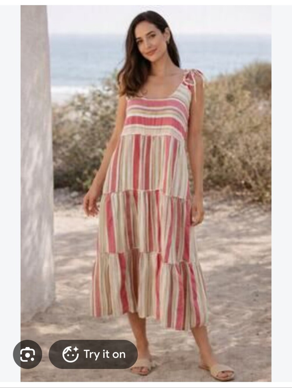 Faherty Pink and Cream Striped Tie-Shoulder Maxi Dress Size XS